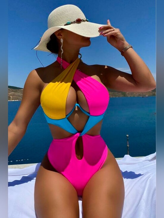 None Other - Colorblock Halter One-Piece Swimsuit in Pink, Yellow & Blue
